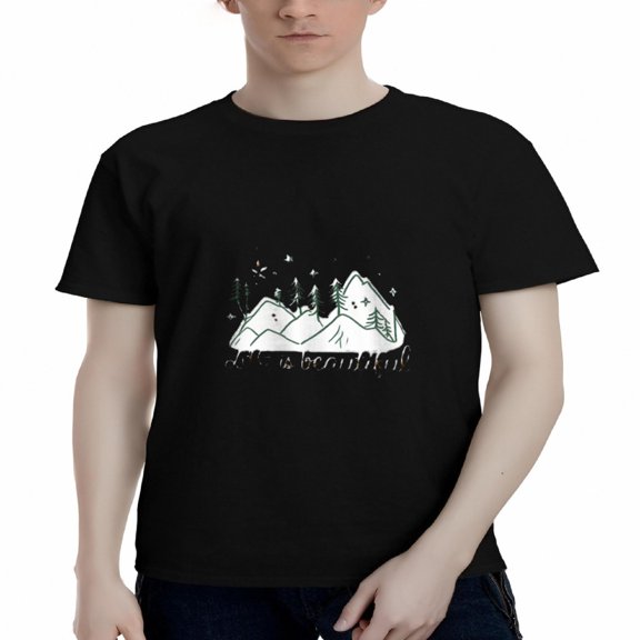 Men's Cotton Short Sleeve T-Shirt - Stylish Black Tee with White & Green Mountain Illustration Trees Flowers & ' She is Beautiful ' Text