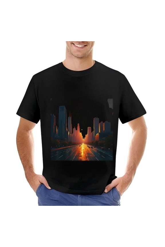 Men's Cotton Short Sleeve T-Shirt - Stylish Urban Cityscape Design with Warm Orange Lights Perfect for Casual Wear