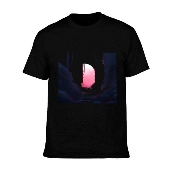 Men's Cotton Short Sleeve T-Shirt - Surreal Cave Entrance Design with Dark Rocks & Dreamy Pink Sky - Unique Graphic Tee Top