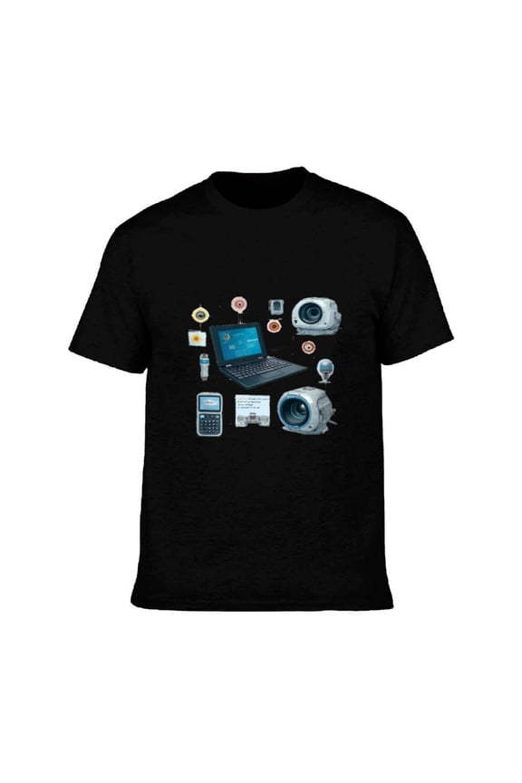 Men's Cotton Short Sleeve T-Shirt - Tech Gadgets Design with Laptop Smartphone Camera & More - Perfect for Tech Enthusiasts