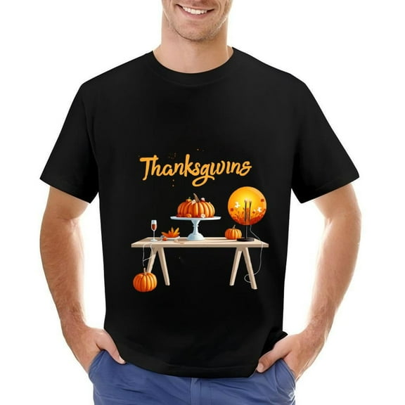Men's Cotton Short Sleeve T-Shirt - Thanksgiving Design with Orange Cursive Text Festive Autumn Table with Pumpkin and Lamp