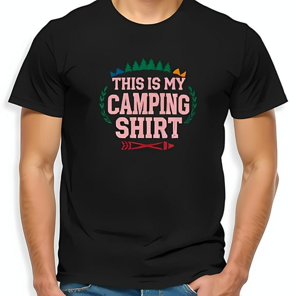 Men's Cotton Short Sleeve T-Shirt - " This is my Camping Shirt " with Leafy Wreath & Tent - Casual Outdoor