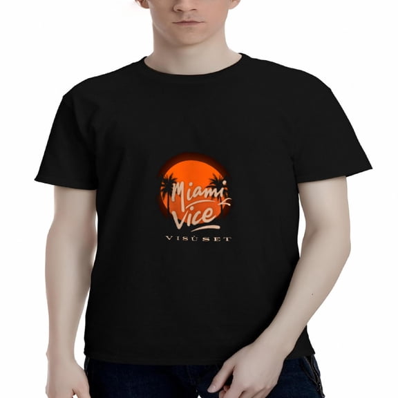 Men's Cotton Short Sleeve T-Shirt - Tropical Miami Vice Graphic Tee with Stylized Sun Palm Trees & Vibrant Orange Hues