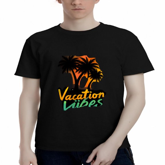 Men's Cotton Short Sleeve T-Shirt - Tropical Sunset Design with Silhouetted Palm Trees & ' Vacation Vibes ' Text - Relaxing Tee Top