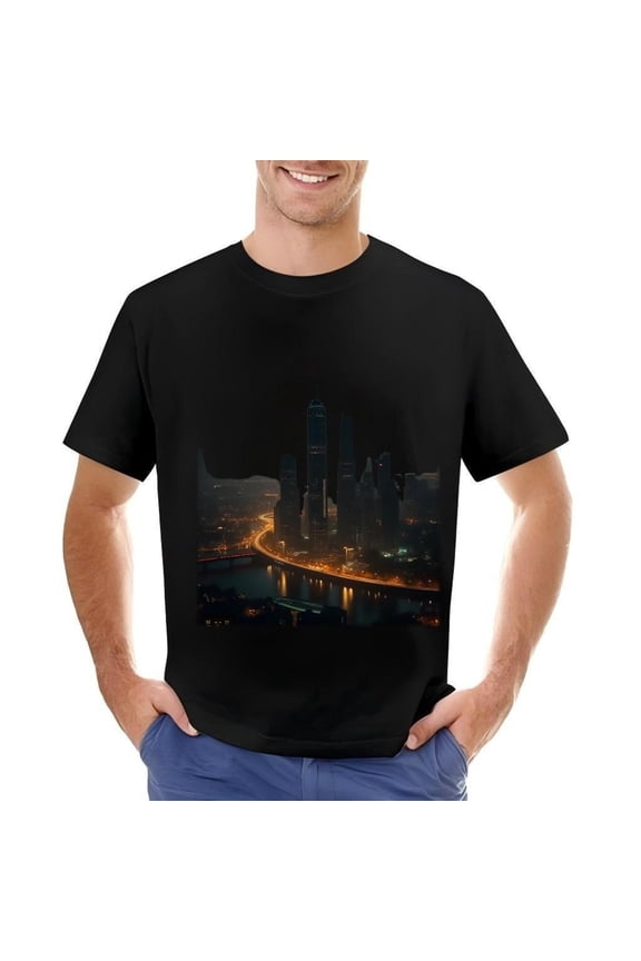 Men's Cotton Short Sleeve T-Shirt - Urban Cityscape Design with Night Lights & Modern Pattern