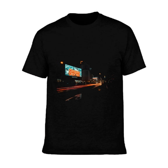 Men's Cotton Short Sleeve T-Shirt - Urban Night City Street Graphic Tee with Light Trails & ' CITY OF NEW YORK ' Billboard Design
