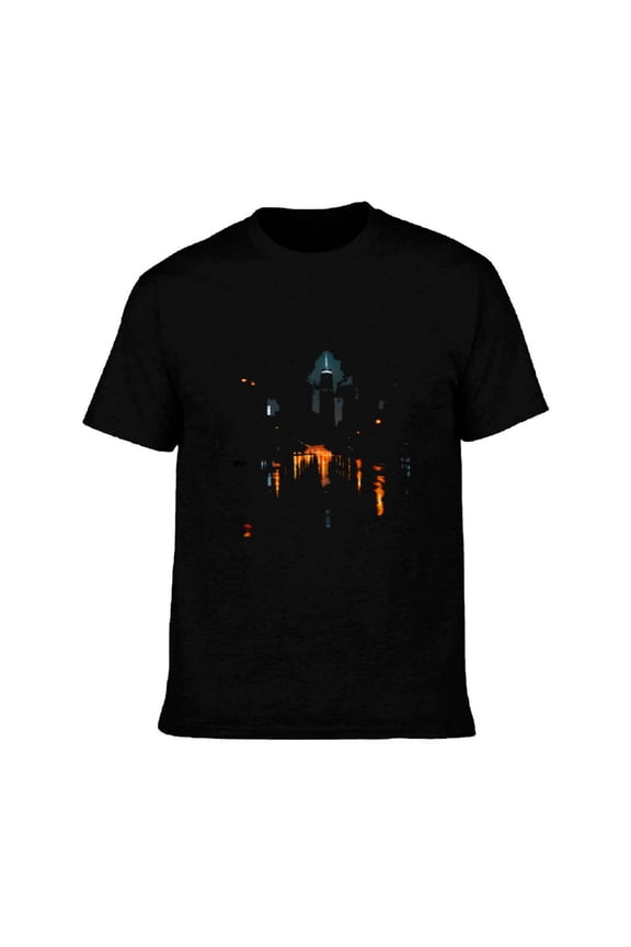 Men's Cotton Short Sleeve T-Shirt - Urban Nightlife Cityscape Graphic Tee with Illuminated Building Design