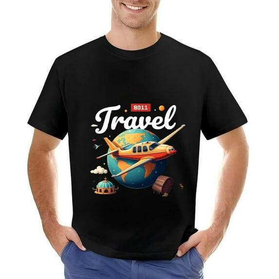 Men's Cotton Short Sleeve T-Shirt - Vibrant Airplane & Globe Travel Design Playful ' Travel ' Text Theme Perfect for Travel Enthusiasts