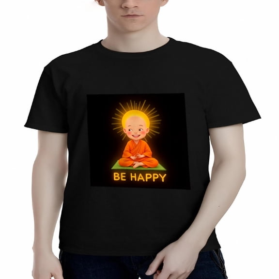 Men's Cotton Short Sleeve T-Shirt - Vibrant Cartoon Monk Design with ' BE HAPPY ' Text Perfect for Casual Wear