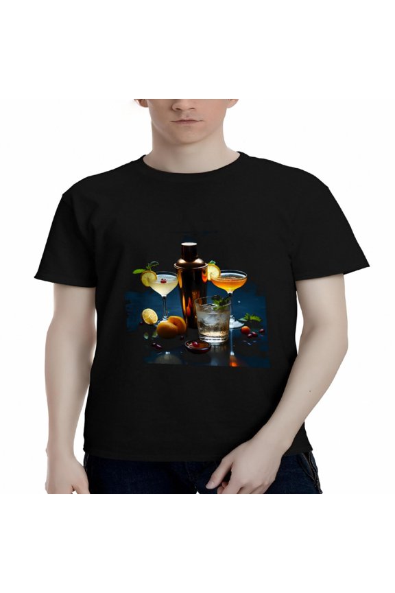 Men's Cotton Short Sleeve T-Shirt - Vibrant Cocktail Setup Graphic with Drinks Shaker and Fruits - Perfect for Summer Parties