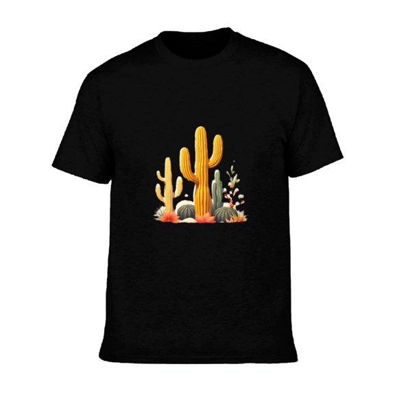 Men's Cotton Short Sleeve T-Shirt - Vibrant Desert Cacti Pattern Colorful Succulents on Black Background Stylish Tee Top