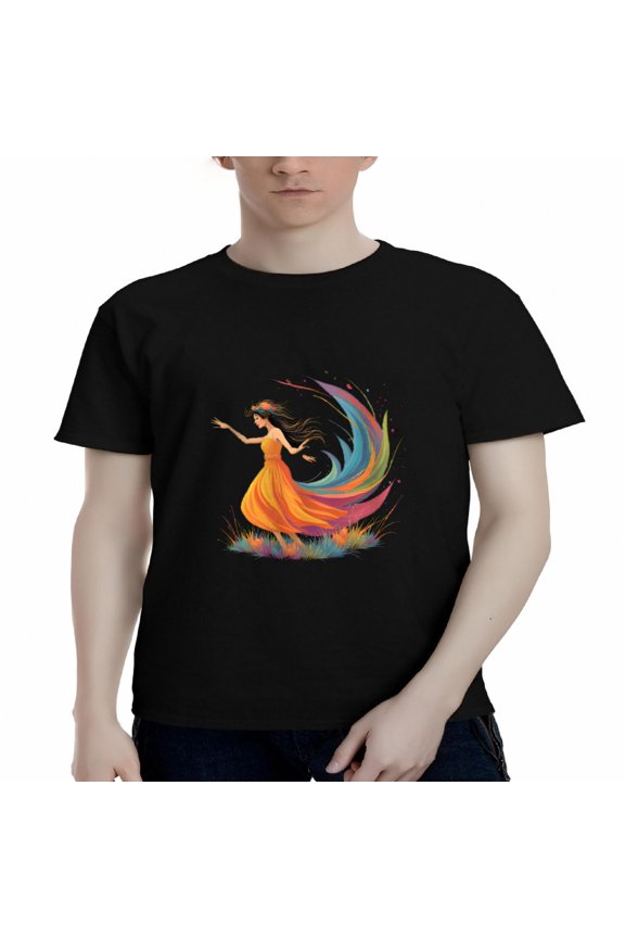 Men's Cotton Short Sleeve T-Shirt - Vibrant Flame-Inspired Design with Swirling Multicolored Patterns on Black Background