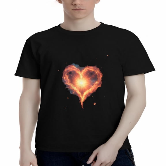 Men's Cotton Short Sleeve T-Shirt - Vibrant Glowing Heart Design with Flame Pattern Radiant Core on Black Background