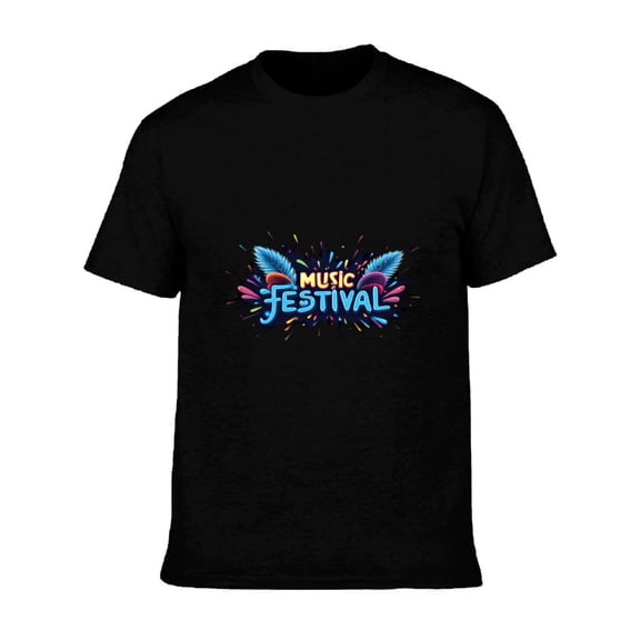 Men's Cotton Short Sleeve T-Shirt - Vibrant ' MUSIC Festival ' Design with Colorful Bursts & Stylized Feathers - Perfect for Summer