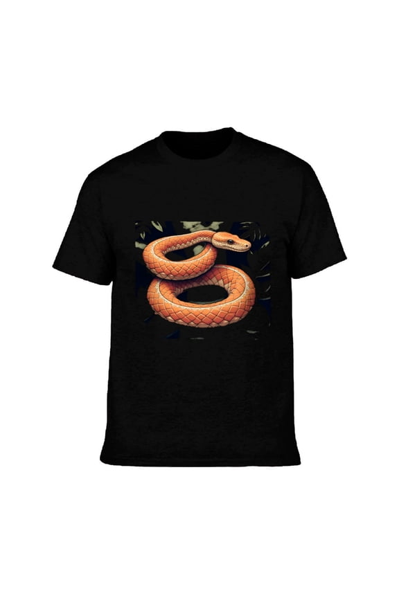 Men's Cotton Short Sleeve T-Shirt - Vibrant Orange Snake Pattern Intricate Scales Dynamic Pose Eye - Catching Design on Dark Background