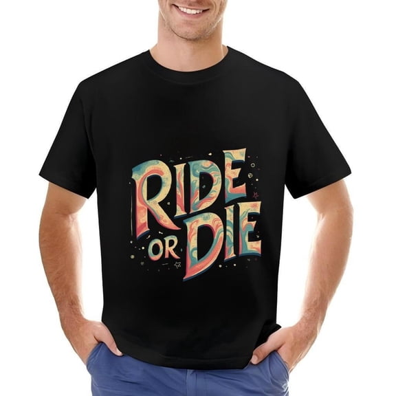 Men's Cotton Short Sleeve T-Shirt - Vibrant ' RIDE OR DIE ' Swirling Design with Pastel Colors and Decorative Elements