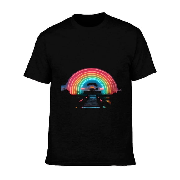 Men's Cotton Short Sleeve T-Shirt - Vibrant Rainbow Graphic Over Stage Design Festive Nighttime Atmosphere Colorful Tee Top
