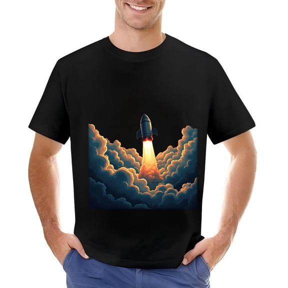 Men's Cotton Short Sleeve T-Shirt - Vibrant Rocket Design with Dramatic Clouds & Flames Exploration Theme