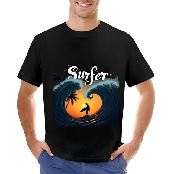 Men's Cotton Short Sleeve T-Shirt - Vibrant Sunset Surfing Design with Surfer and Bold ' Surfer ' Text