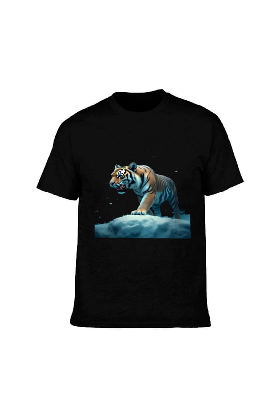 Men's Cotton Short Sleeve T-Shirt - Vibrant Tiger Design Striking Blue & Orange Pattern Majestic Animal Graphic Tee