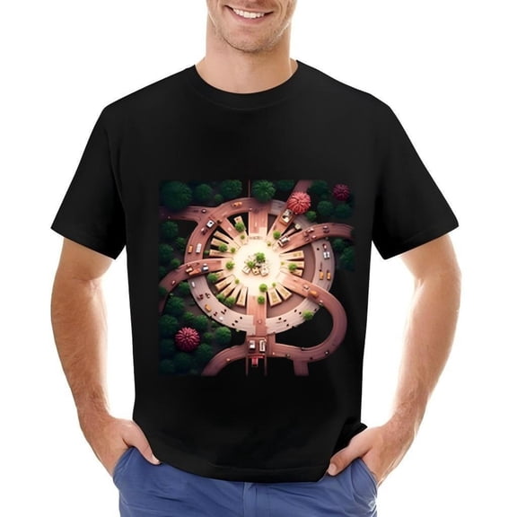 Men's Cotton Short Sleeve T-Shirt - Vibrant Urban Pattern Design with Green Trees and Symmetrical Roundabout Motif