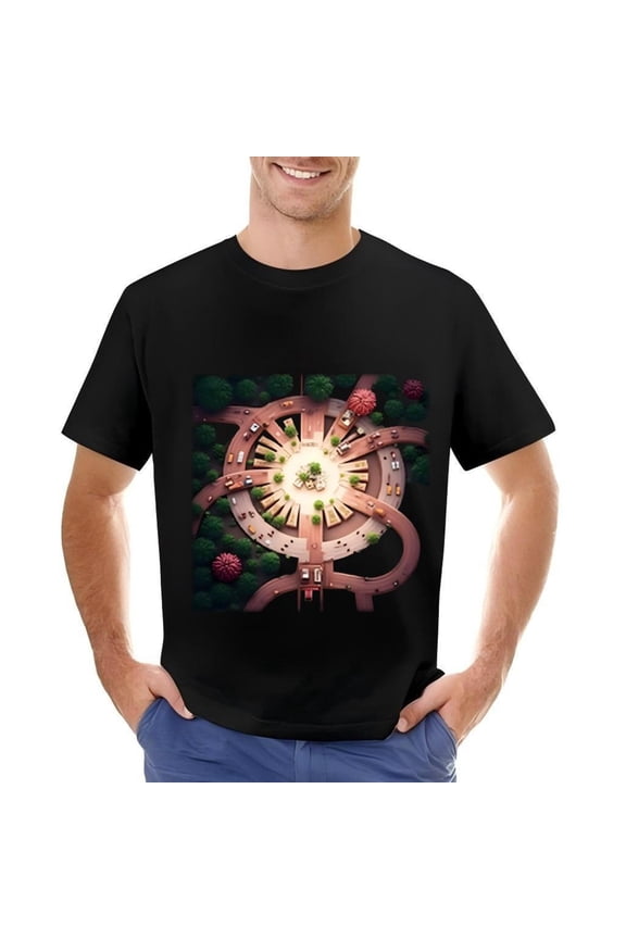 Men's Cotton Short Sleeve T-Shirt - Vibrant Urban Pattern Design with Green Trees and Symmetrical Roundabout Motif