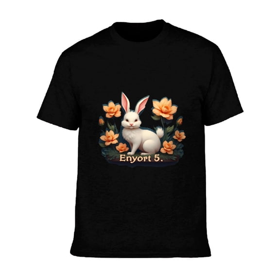 Men's Cotton Short Sleeve T-Shirt - Vibrant White Rabbit & Orange Flower Pattern Unique Graphic Tee for Casual Style