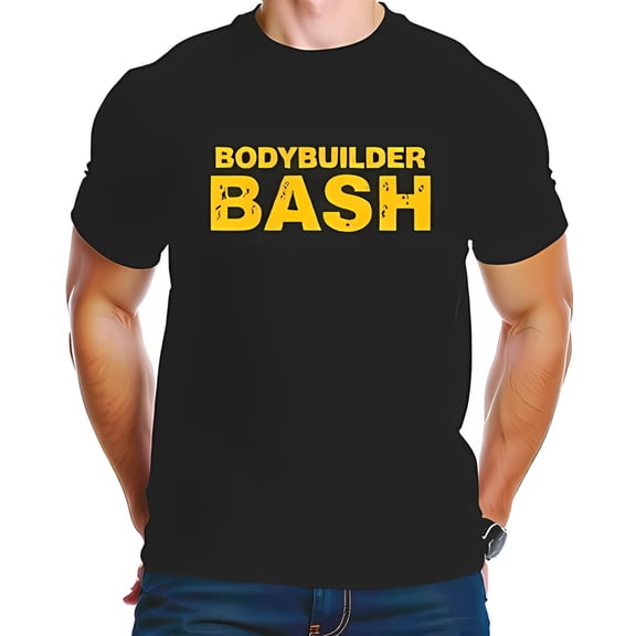 Men's Cotton Short Sleeve T-Shirt - Vintage 'BODYBUILDER BASH' Graphic in Bold Gold Letters Design for Fitness Enthusiasts