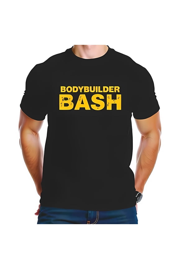 Men's Cotton Short Sleeve T-Shirt - Vintage 'BODYBUILDER BASH' Graphic in Bold Gold Letters Design for Fitness Enthusiasts