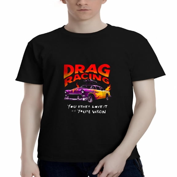 Men's Cotton Short Sleeve T-Shirt - Vintage Drag Racing Graphic Tee with Purple Classic Car & Flames Bold Text Design