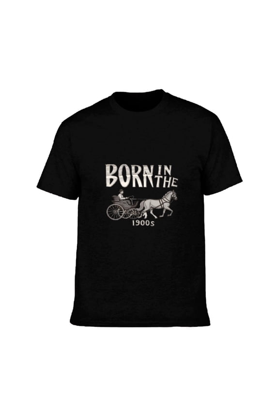 Men's Cotton Short Sleeve T-Shirt - Vintage Horse & Carriage Graphic ' BORN IN THE 1900s ' Design Retro Tee Top for Casual Wear