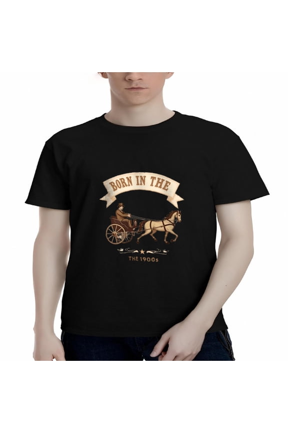 Men's Cotton Short Sleeve T-Shirt - Vintage Horse - Drawn Carriage Design ' BORN IN THE 1900s ' Rustic Tee Top