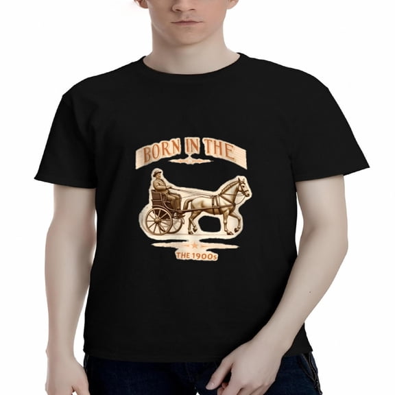 Men's Cotton Short Sleeve T-Shirt - Vintage Horse - Drawn Carriage Graphic Tee ' BORN IN THE 1900 ' Design Retro Style