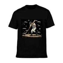 Men's Cotton Short Sleeve T-Shirt - Whimsical Baseball Player on Tree Stump with Starry Sky Design Perfect for Casual Wear