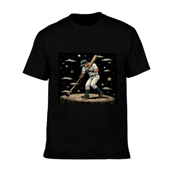 Men's Cotton Short Sleeve T-Shirt - Whimsical Baseball Player on Tree Stump with Starry Sky Design Perfect for Casual Wear
