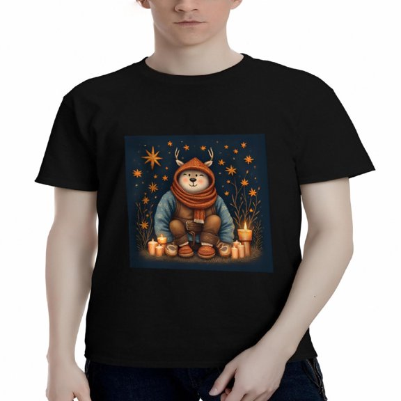 Men's Cotton Short Sleeve T-Shirt - Whimsical Bear with Scarf & Antlers Design Cozy Festive Atmosphere Perfect for Casual Wear