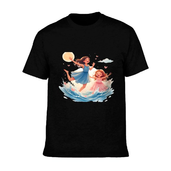 Men's Cotton Short Sleeve T-Shirt - Whimsical Wave Jumping Design with Floating Hearts & Full Moon - Playful & Joyful Tee Tops