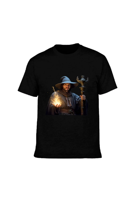 Men's Cotton Short Sleeve T-Shirt - Wizard Design with Fire Conjuring Pattern Blue Robe & Hat Perfect for Fantasy Lovers
