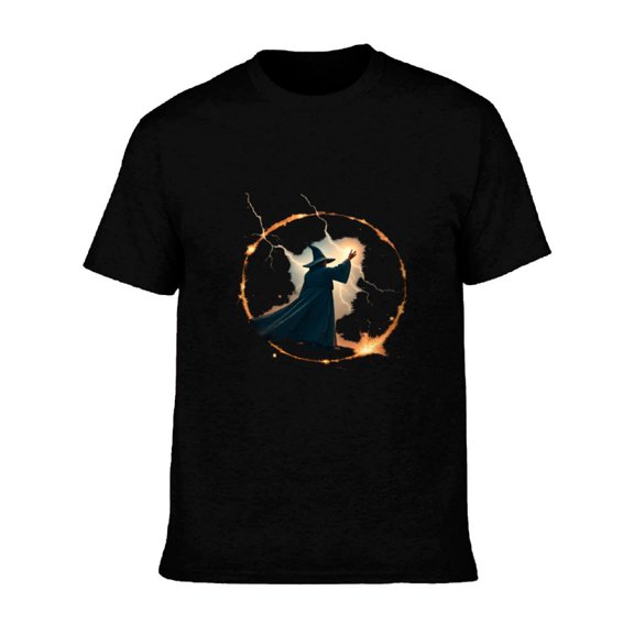 Men's Cotton Short Sleeve T-Shirt - Wizard Graphic Design with Fiery Circle & Spell - Casting - Mystical Dark Theme Tee