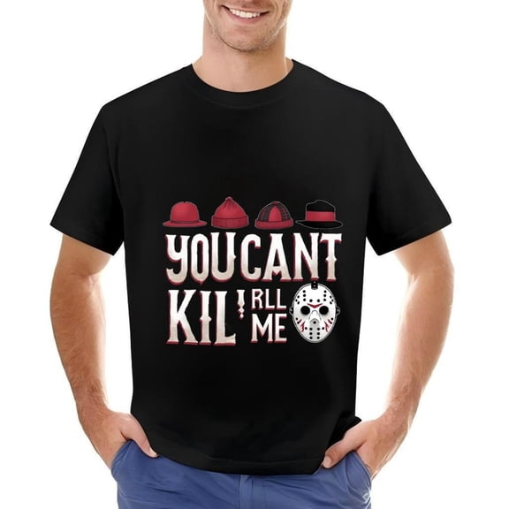 Men's Cotton Short Sleeve T-Shirt - " YOU CAN ' T KILL ME " Bold Graphic with Mask & Stylish Hat Illustrations