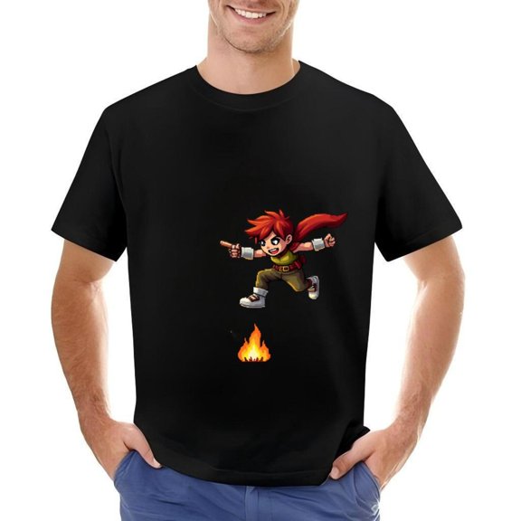 Men's Cotton Short Sleeve T-Shirt featuring Cartoon Character with Red Hair Green Shirt Brown & Red Cape Bold Flame Design