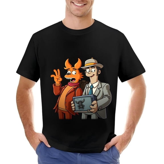 Men's Cotton Short Sleeve T-Shirt featuring Cartoon Characters: Orange Smiling Character with Peace Sign & Gray Suited Character with Device