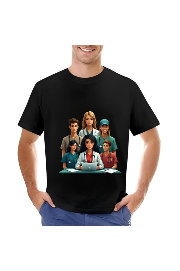 Men's Cotton Short Sleeve T-Shirt featuring a Team Design with Lab Coats & Stethoscopes - Perfect for Healthcare Professionals