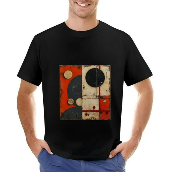 Men's Cotton Short Sleeve T-Shirt with Abstract Geometric Shapes in Muted Black Red and Orange - Modern Minimalist Design