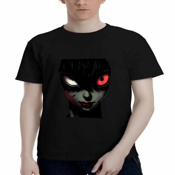 Men's Cotton Short Sleeve T-Shirt with Abstract Graphic Face Design One Glowing Red Eye Mysterious Expression Stylish Tee Top