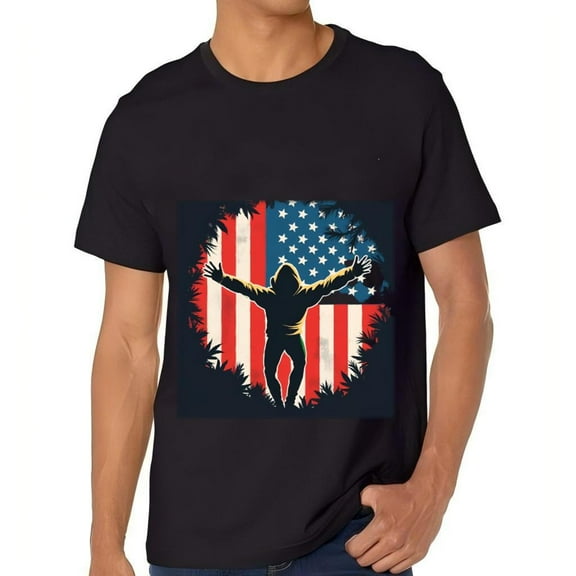 Men's Cotton Short Sleeve T-Shirt with American Flag Design - Nature Framed Graphic Tee