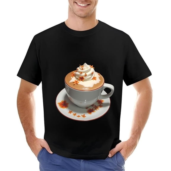 Men's Cotton Short Sleeve T-Shirt with Artistic Coffee Cup Design Whipped Cream & Orange Flower Accents - Cozy Casual Wear