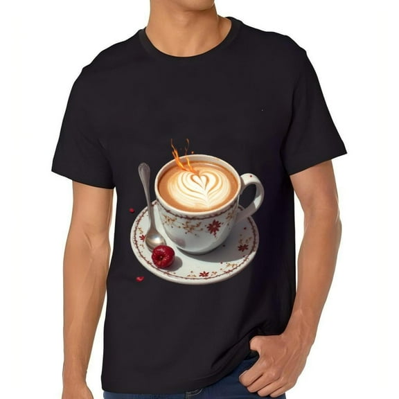 Men's Cotton Short Sleeve T-Shirt with Artistic Coffee Cup Illustration Floral Pattern Design Cozy Cafe Vibe Tee