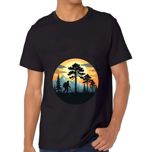 Men's Cotton Short Sleeve T-Shirt with Artistic Hiking Design Pine Trees & Mountains Sunset Colors Perfect for Outdoor Enthusiasts
