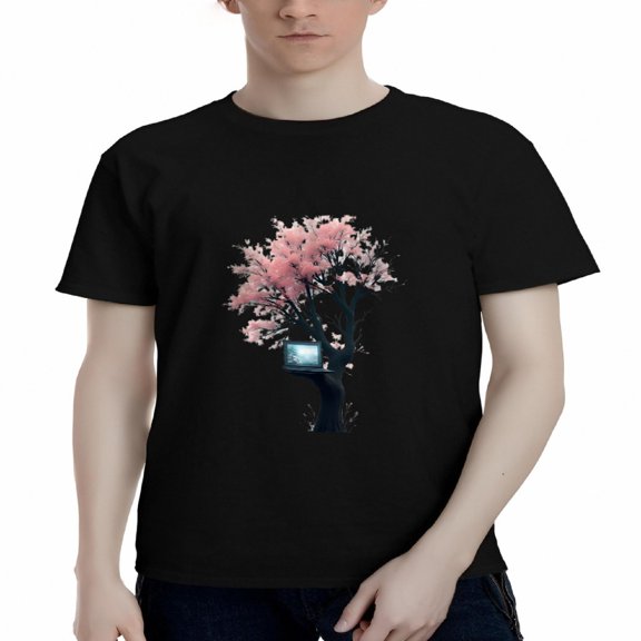Men's Cotton Short Sleeve T-Shirt with Artistic Tree Design Pink Blossoms & Blue Screen - Serene & Stylish Tee Top